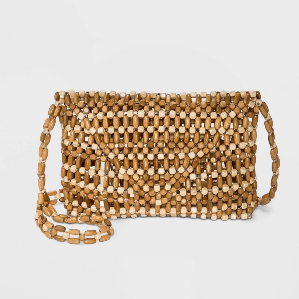 Wooden Woven Beaded Envelope Bag With Long Strap Crossbody Vacation Purse